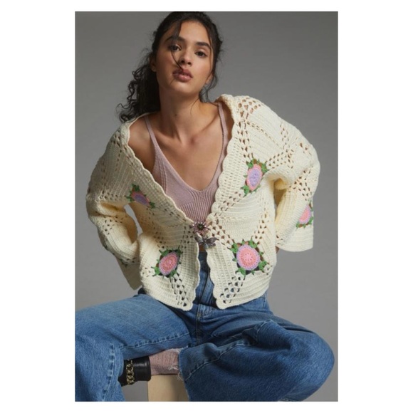 NWT Anthropologie Floral Crochet Cardigan In CreamOne Size